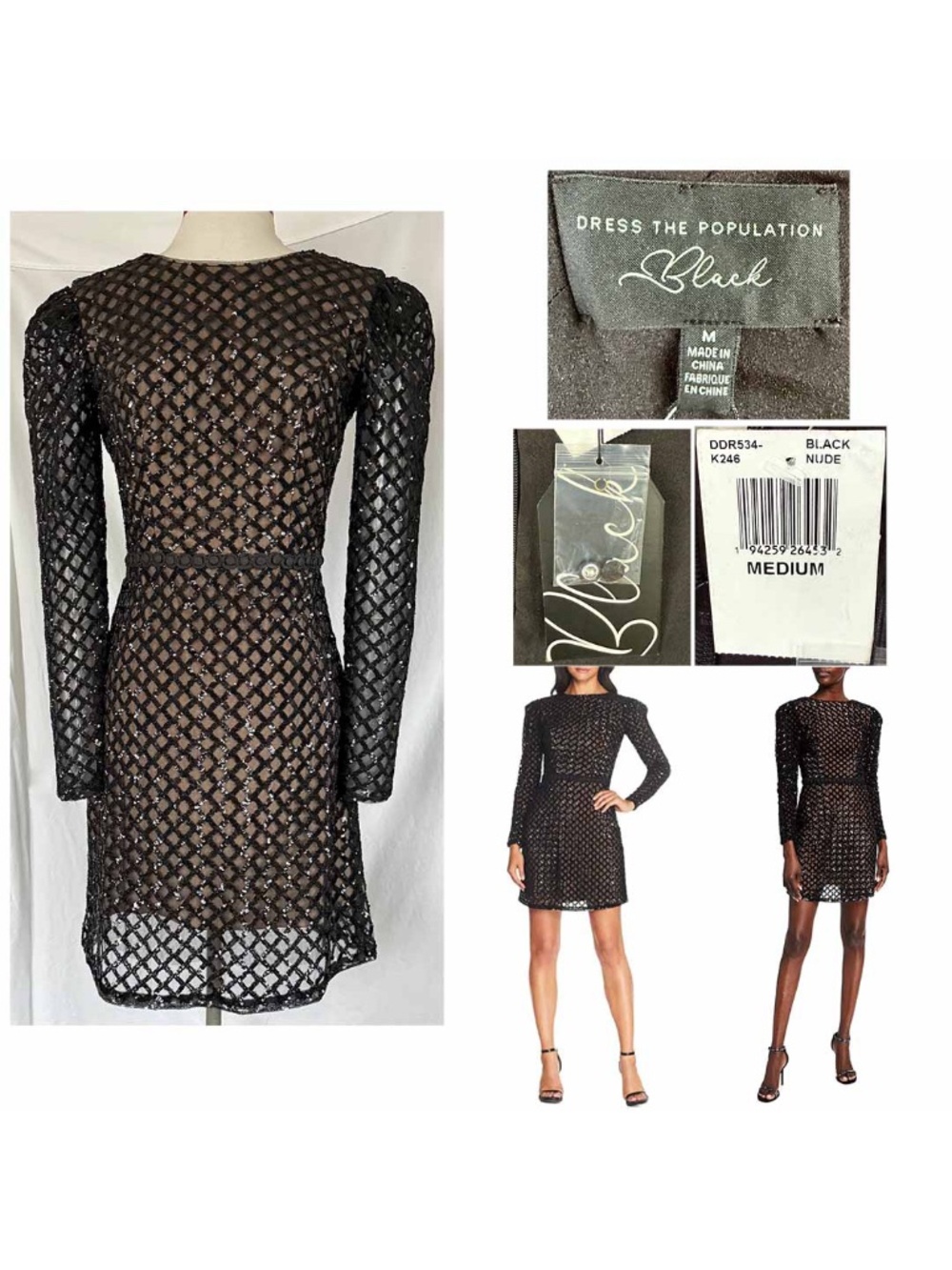 DRESS THE POPULATION Women Medium Nude Black Collins Sequins Dress NWT New $478